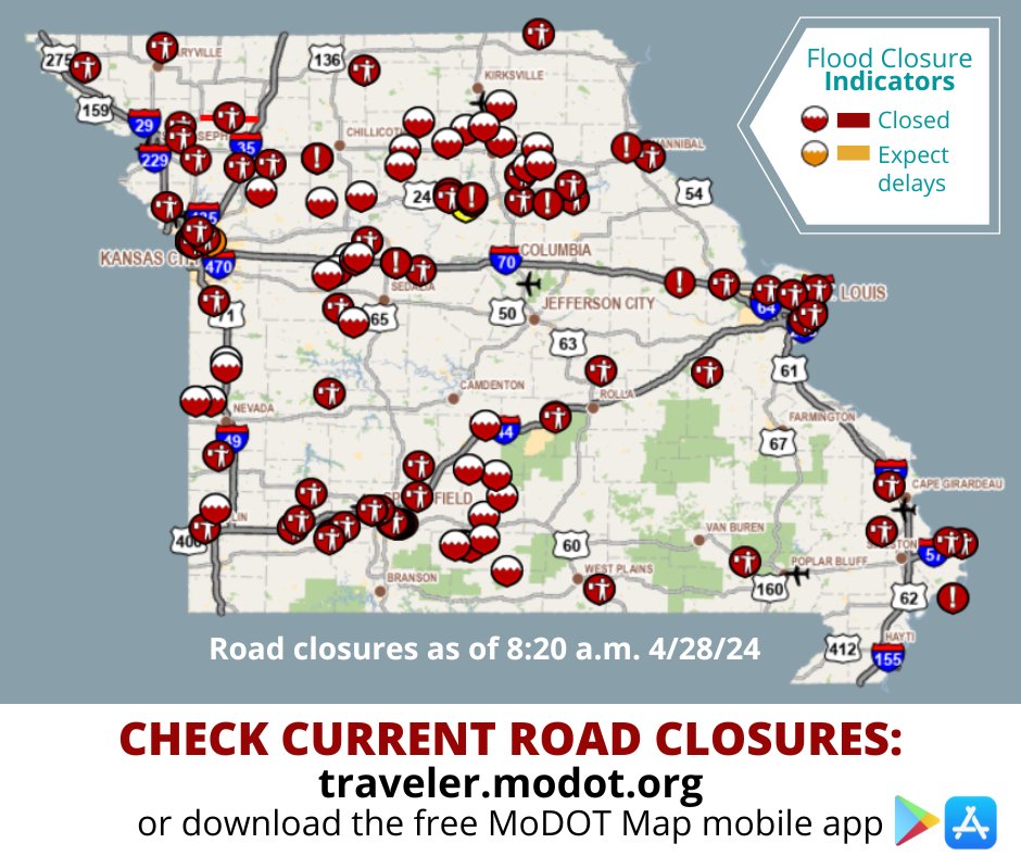 Many roads in the northern and southern portions of the state are closed this morning due to flooding, so use caution if you're out and about in those areas. If water is over the roadway at any point, turn around, don't drown. Check road closures at traveler.modot.org