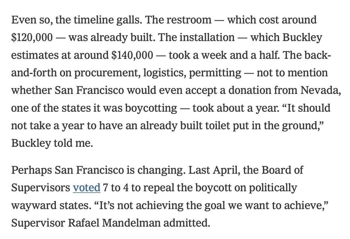 It took $1.7 million to build a public toilet in San Francisco. After a scandal, someone from Nevada volunteered to do the installation for $140K, but the city didn't know if it could accept because Nevada was one of the 30 states it was boycotting over LGBT.