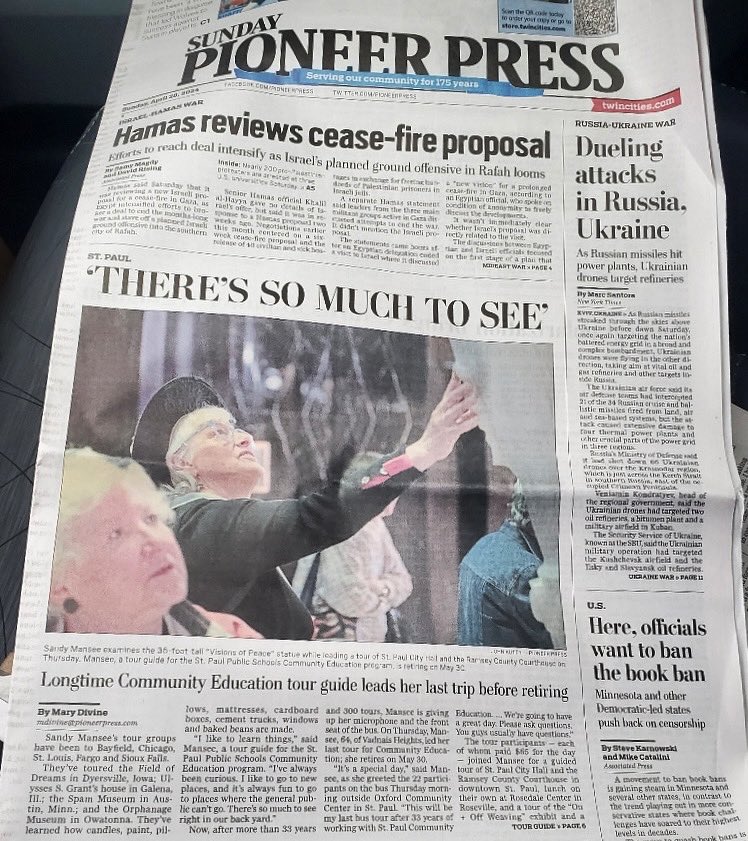 Did you see the front story of the @PioneerPress this morning? Our very own Sandy Mansee was featured, honoring all she has done to showcase Saint Paul. Thank you for all the work you have done highlighting the local history and sights to see! #neverstoplearning