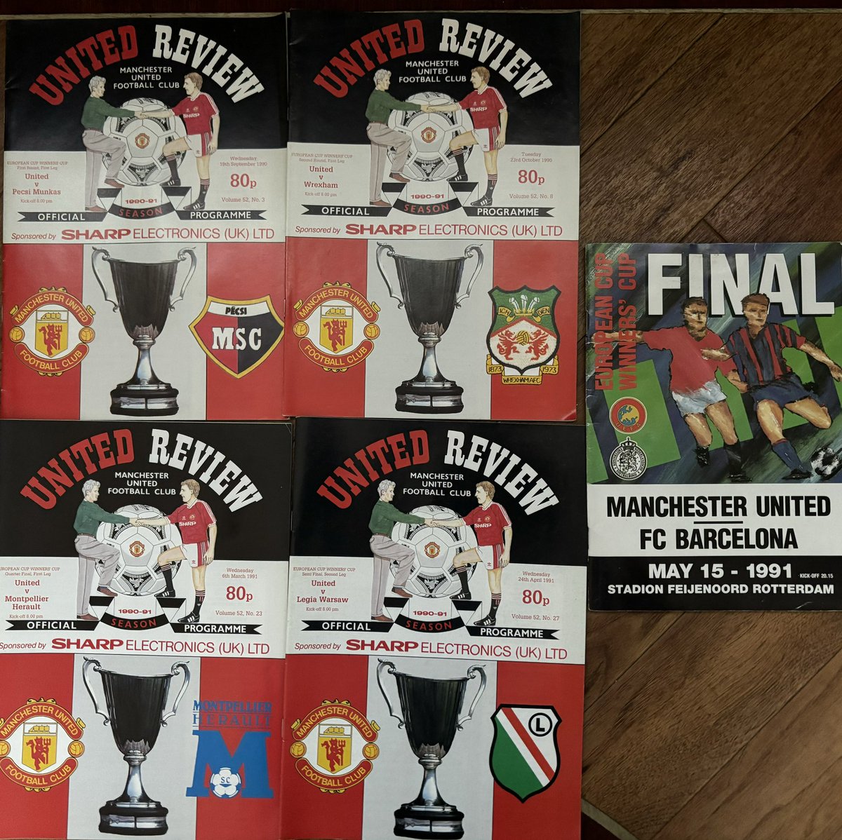 Manchester United Sets.
1967/68 European Cup Winners - all 4 home European Cup Programmes & Final Programme.  £10 for the Set.
1990/91 ECWC Winners - all 4 home ECWC Programmes & Final Programme. £10 for the Set.
Excluding Postage Cost.
