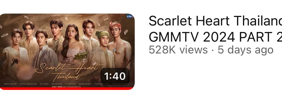 Let’s hype together to get 1M soon!

Top 5 YouTube viewers of GMMTVpart2

1. The Heart Killers
2. Scarlet Heart TH
3. Perfect 10 liners
4. Ossan’s Love TH
5. Us

#Fourthnattawat #โฟร์ทณัฐวรรธน์