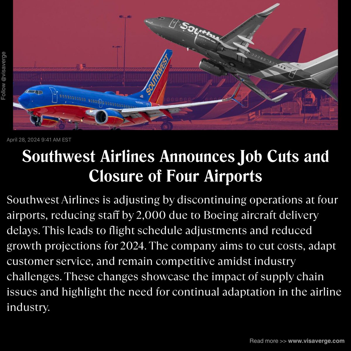 🌎 Breaking News 🌎 @visaverge

Attention travelers! Southwest Airlines has announced the closure of operations at 4 airports, including one in New York, leading to a reduction of 2,000 jobs. 🛫 Stay informed #SouthwestAirlines #TravelNews #JobCuts 🚫