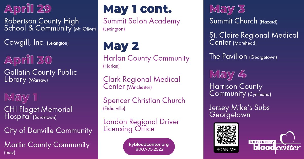 Did you know that someone in the U.S. needs blood every two seconds?

The need is great, and you can help.

Mobile drives ➡️ bit.ly/KBC_FindADrive

Donor centers ➡️ bit.ly/KBC_DC

#DonateBlood #SaveLives #BloodDonorsSaveLives #KyBloodCenter #Kentucky #Local #Nonprofit