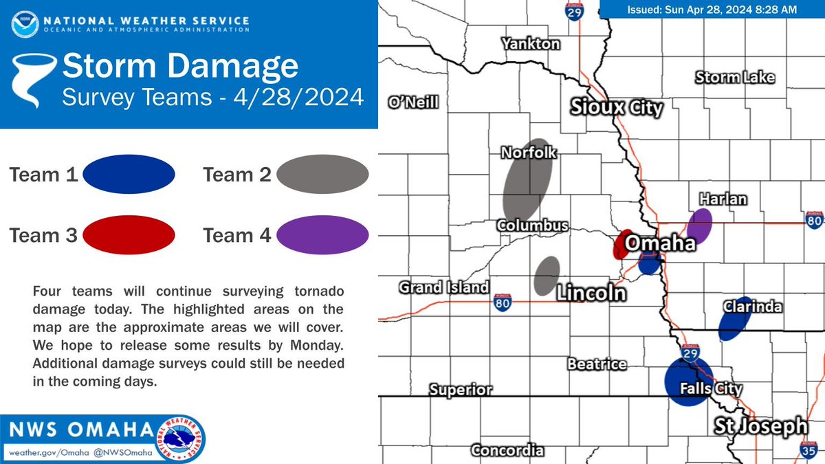 We'll have 4 teams out surveying tornado damage again today from the storms that moved through the region this past Friday. We hope to be able to release some of the results by Monday.