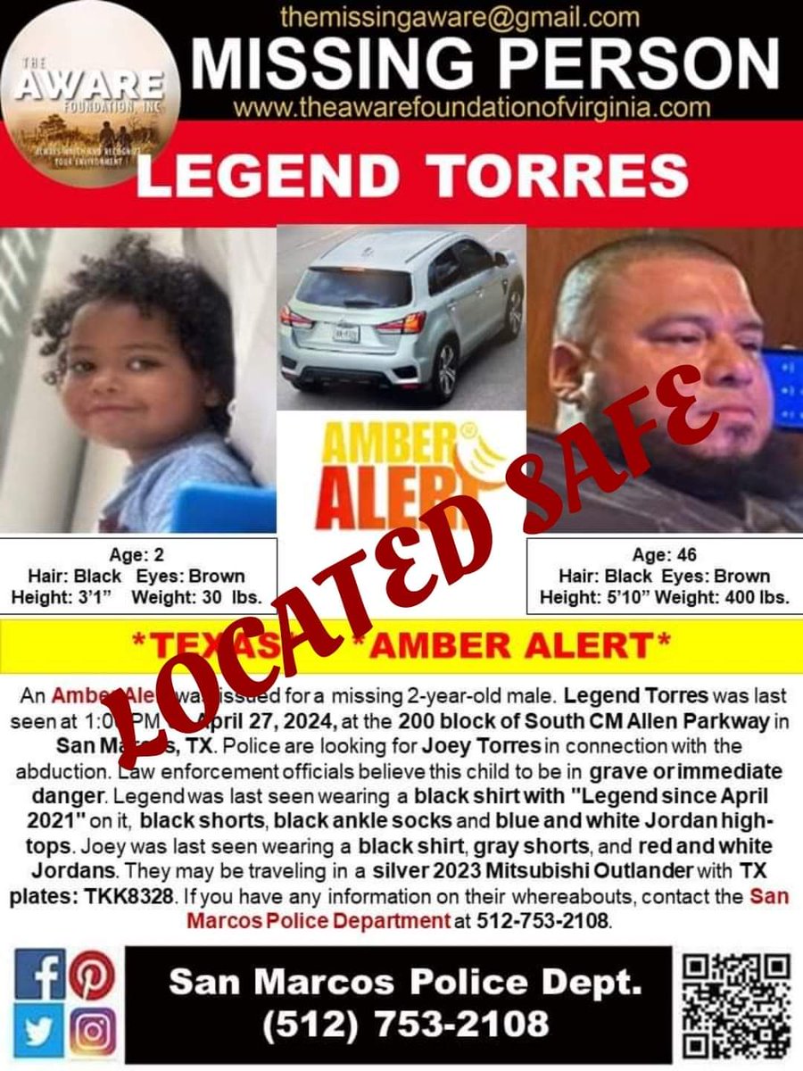 UPDATE: An Amber Alert was discontinued early Sunday for an abducted three-year-old from San Marcos. Police said the boy was found safe and unharmed. #TheAWAREFoundation