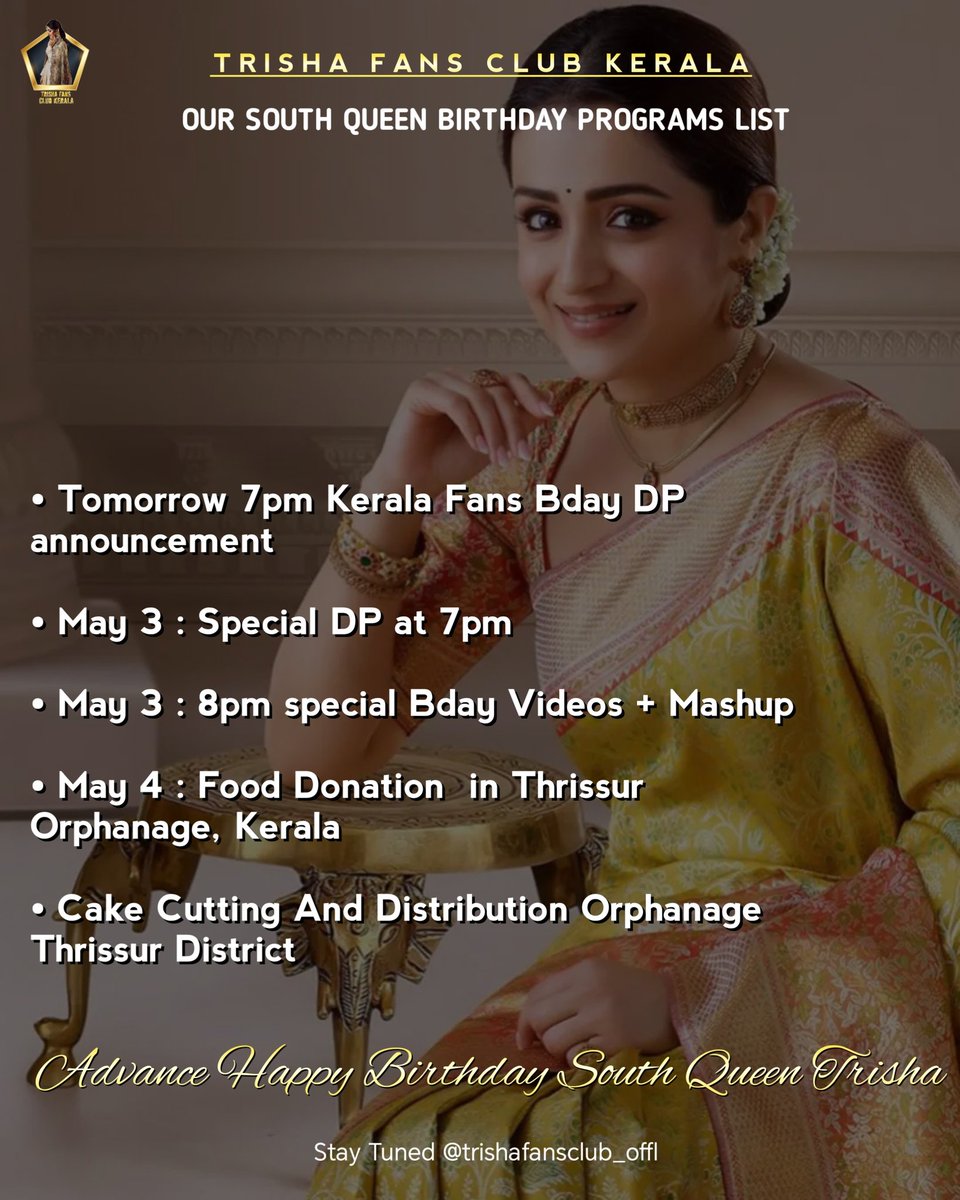 • Dear Trishians ❤️🥰

#TrishaFansKerala #BirthdayProgramsList 🔥

#AdvanceHBDSouthQueenTrisha 🥰

@trishtrashers @umakris31119674
@aditi1231 @ActressTrisha @Vishnusuriyatcr @ArjunAnil666 

#Trisha #TrishaKrishnan #Identity 

Stay tuned @TrishiansKL 😉❤️