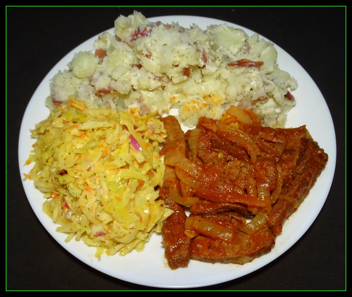 Barbecue Moose with Rustic Mashed Potatoes & Cole Slaw #dinerinmymind #homecooking #food #cookingathome #barbecue #moose #mashedpotatoes #coleslaw #supportlocal #Manitoba