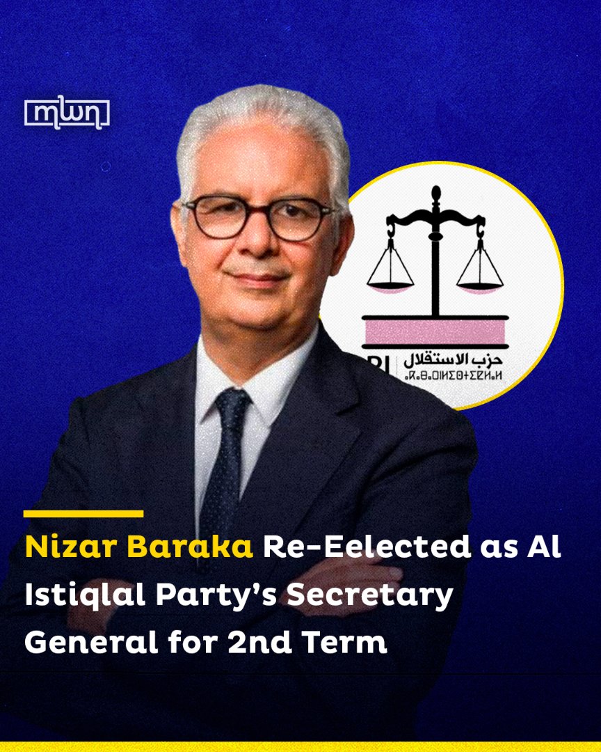 Moroccan Minister of Equipment Nizar Baraka was re-elected as the Secretary General of the Al Istiqlal (Independence) Party on Sunday. Read more: rb.gy/fhfi23