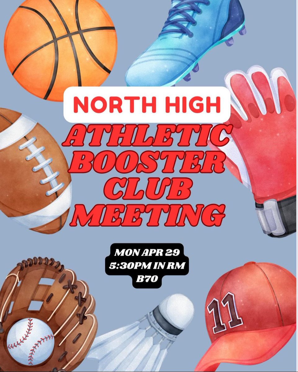 Join us tomorrow for our Athletic Booster Club meeting! 5:30 PM in room B70. #TheNorthStars