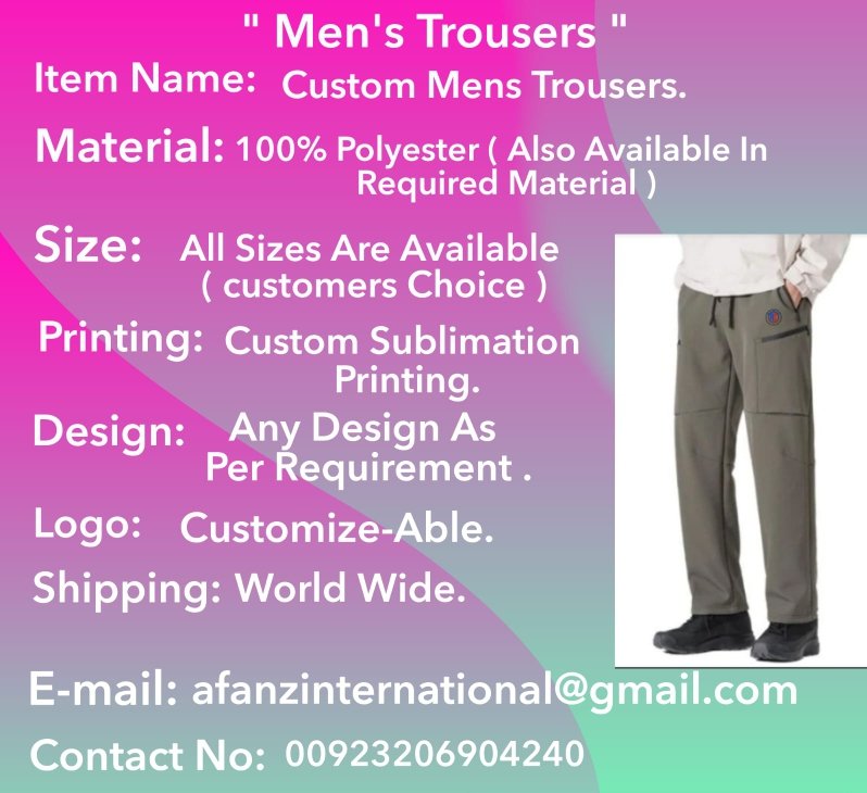 #AfanzInternational #MensTrousers #SportswearApparel #SialkotPunjab #FashionForMen #MensFashion #EuropeanStyle #MensWear #FashionEssentials #StylishComfort #MensStyle #FashionableMen #EuropeanFashion #TrendyTrousers #CasualWear #FashionStatement #MensFashionTrend