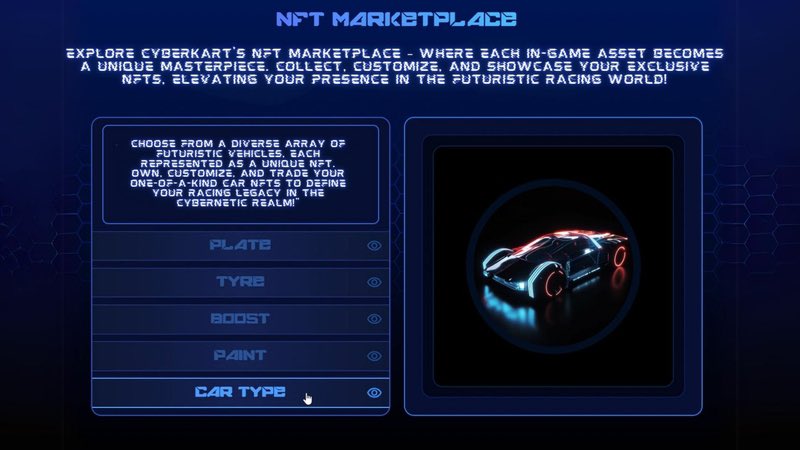 𝙉𝙁𝙏 𝙈𝙖𝙧𝙠𝙚𝙩𝙥𝙡𝙖𝙘𝙚

This is a space where you can purchase unique in-game assets like specially designed karts and personalized power-ups.

#CYBERKARTAI marketplace is where elements of rarity and collectibility is brought into the game to enhance gaming experience.