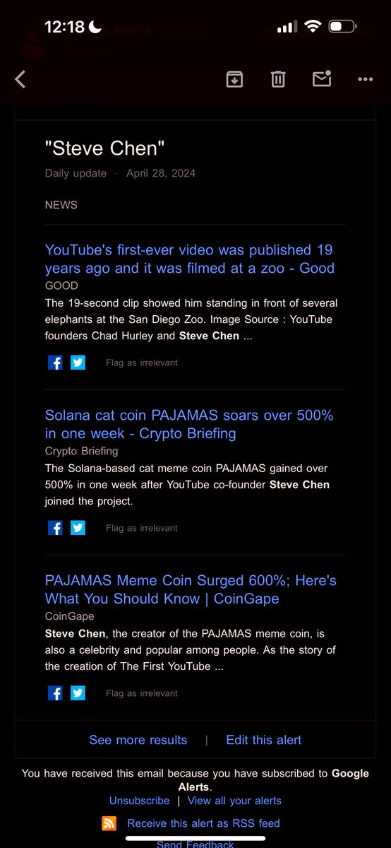 I subscribe to Google News. Today’s daily update for “Steve Chen” news was a perfect mix of Web 2.0 (first YouTube video being published 19 years ago) & Web 3.0 (Pajamas Solana cat coin climbing 500%-600%). #PajamasMafia #solanameme @TheYoutubeCat