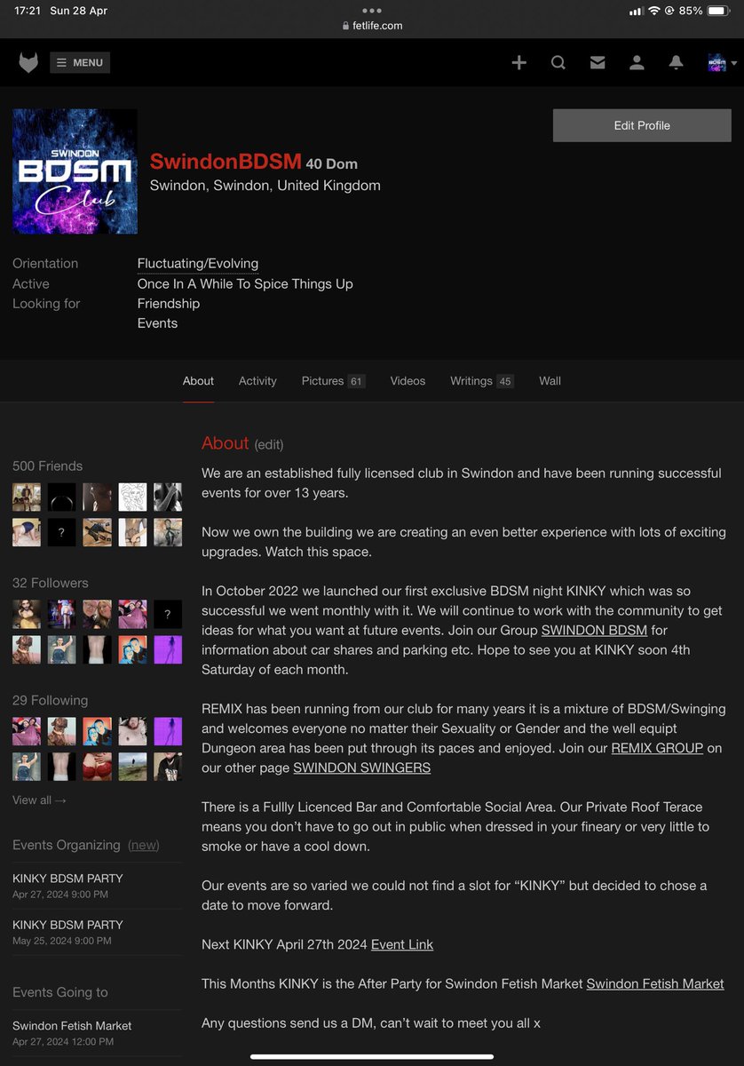 Swindon BDSM has just hit 500 friends on @FetLife next Event for KINKY BDSM Party is on 25th May why not Friend the page and go to this Fantastic Event. Over 100 attend every month x @swindonBDSM @swindonfetish @fetmarketswin @fmkone @ITOS2023 @Gloria_Hesafan @KinkyMonkeycom