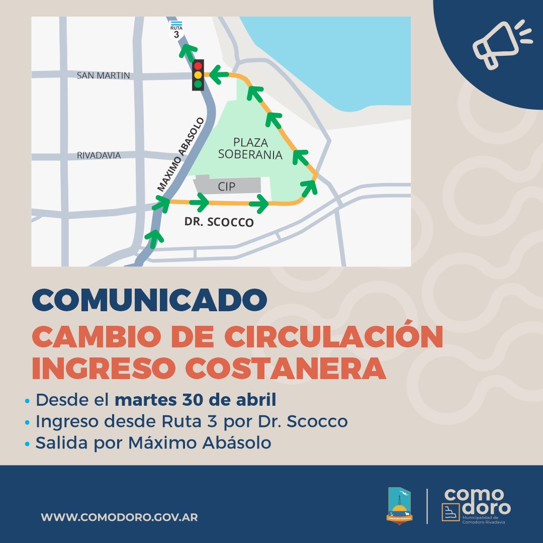 🚧 #ATENCION La calle Scocco cambiará su sentido de circulación para el ingreso a la Costanera Solicitamos a los automovilistas circular con precaución, y seguir las instrucciones del personal de tránsito.