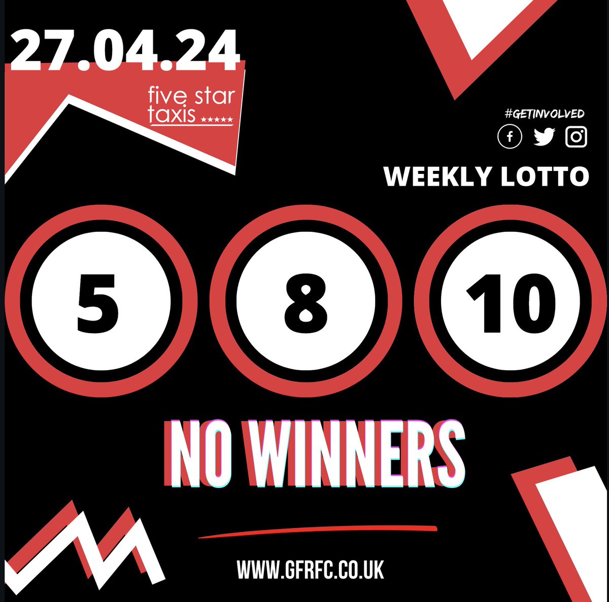 🔺◾️ 𝗪𝗲𝗲𝗸𝗹𝘆 𝗟𝗼𝘁𝘁𝗼 ◾️🔺 🎰 5 - 8 - 10 ❌ No winners 🤩 Next estimated prize £1000 🎟 get your tickets from the bar or - ▶️ PLAY NOW online- clubforce.com/clubs/gala-fai… 🎰 Drawn Saturday Night #GETINVOLVED ❤️⚫️