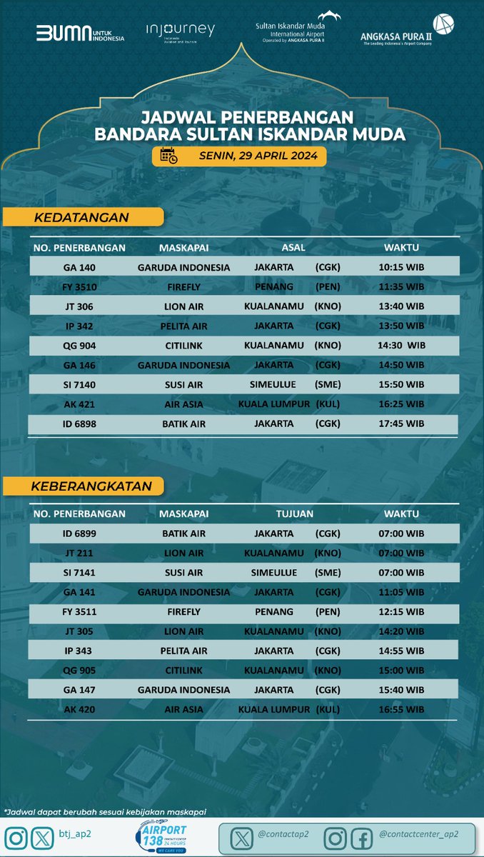 Selamat malam Sahabat BTJ!! Berikut jadwal penerbangan bandara internasional @BTJ_AP2 untuk besok Senin, 29 April 2024.