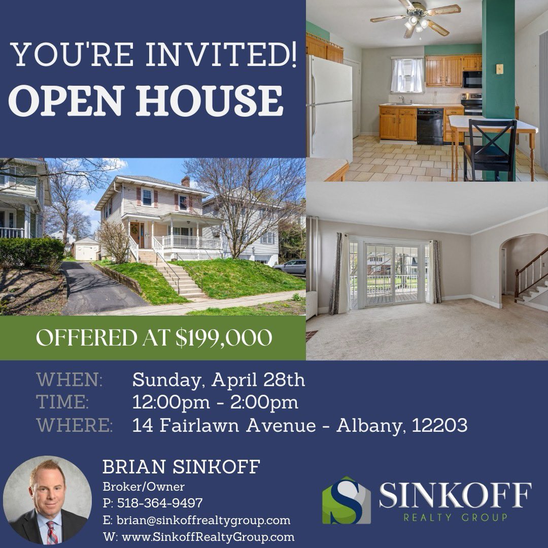 Open House today from 12:00pm until 2:00pm! 14 Fairlawn Avenue, Albany - $199,000. 🏡 4 bedrooms. 1 bath. 1,422 square feet. I hope to see you there! 🤞 #sinkoffrealtygroup #sellitwithsinkoff #openhouse #sundayvibes