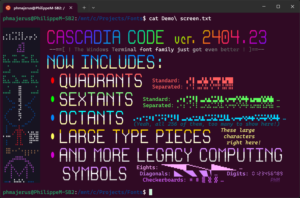 Cascadia Code 2404.23 is coming soon, with lots of new characters for #AnsiArt! Time to leave the codepage 437 behind and give Unicode a try!