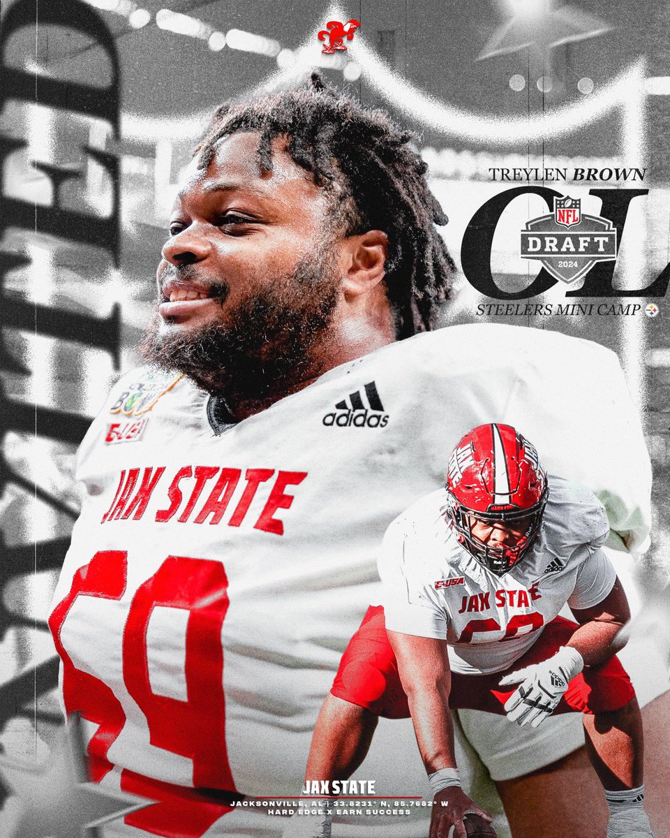 Jax State Football (@jaxstatefb) on Twitter photo Jax State ➡️ <a href="/steelers/">Pittsburgh Steelers</a>
<a href="/TreylenBrown/">Coach Brown</a> invited to Rookie Mini Camp‼️
#HardEdge | #EarnSuccess Jax State ➡️ <a href="/steelers/">Pittsburgh Steelers</a>
<a href="/TreylenBrown/">Coach Brown</a> invited to Rookie Mini Camp‼️
#HardEdge | #EarnSuccess
