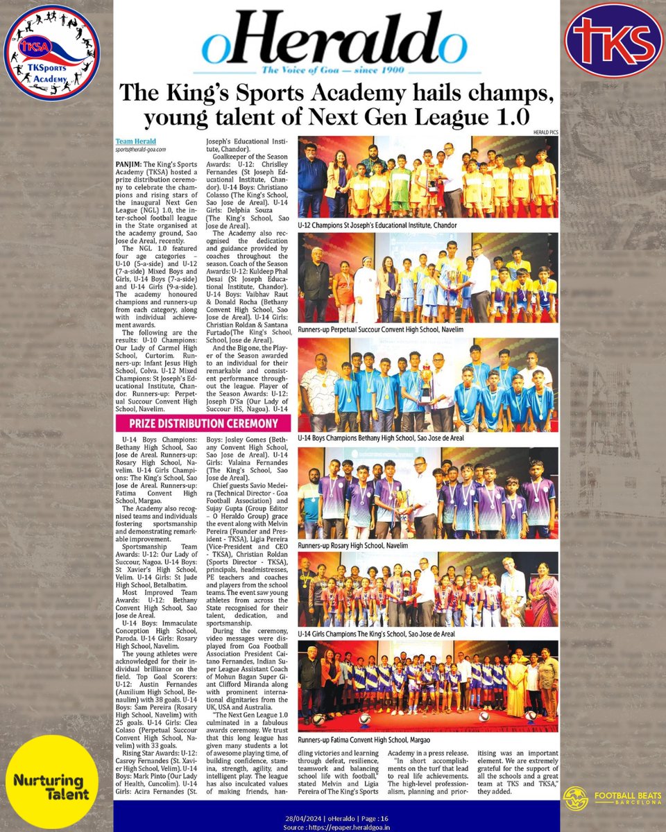 Thrilled to see Next Gen League 1.0 in OHeraldo! Thanks to Mr. Sujay Gupta & OHeraldo for supporting grassroots football in Goa & India. #NextGenLeague #OHeraldo #Football #Goa #India #ThankYou #nglgoa #tksagoa #aiff