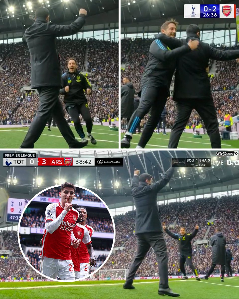 Arsenal's set-piece coach Nicolas Jover celebrates a brace on the touchline after two goals from corners in the NLD ⚽️🔥

#AFC have now scored 16 goals from corners in the #PL this season, the most by a team in a single campaign since West Brom under Tony Pulis in 2016/17 🤯