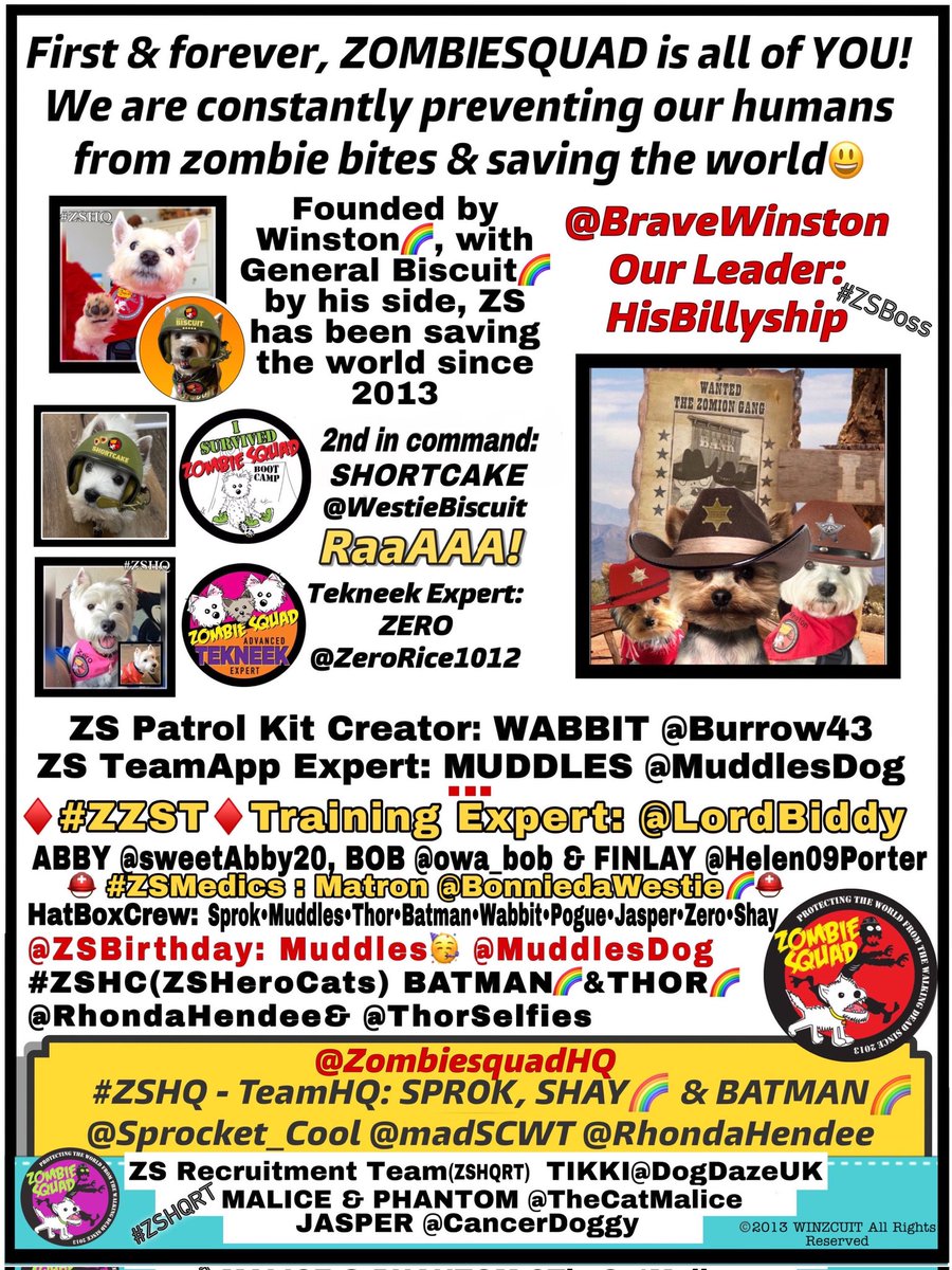 @Dog333 @TheCatMalice Jimmy and Dodger Fantastic to receive your ZOMBIESQUAD pledges, guys! HQ is passing your application to our leaders who will formally accept you shortly. Here is a list of our leaders&others who help us at HQ. Always remember to use #ZSHQ on all your valuable reports.