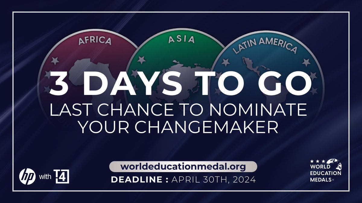 🚨 Only 3 Days Left to Nominate! 🚨

The deadline to nominate for the #WorldEduMedals, presented by T4 Education & @HP, is fast approaching. Don't let this opportunity slip away! ⌛🌟

#NominateNow: eu1.hubs.ly/H08RKJC0

#EducationExcellence #ChangemakersInEducation