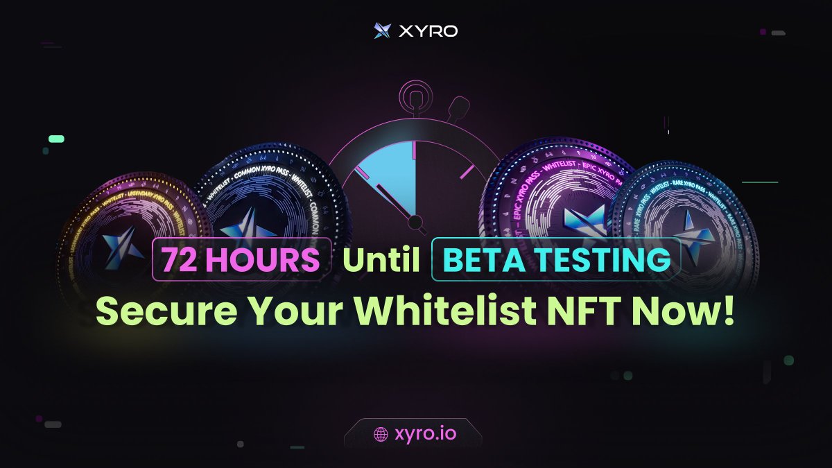 Only 72 hours left to mint your Whitelist NFT and gain access to the Beta! Mint now at xyro.io ⚡️ The minting remains open until the Beta launch on May 1st! If you're Whitelisted but unable to mint, please head over to our Discord - discord.gg/xyro 👾