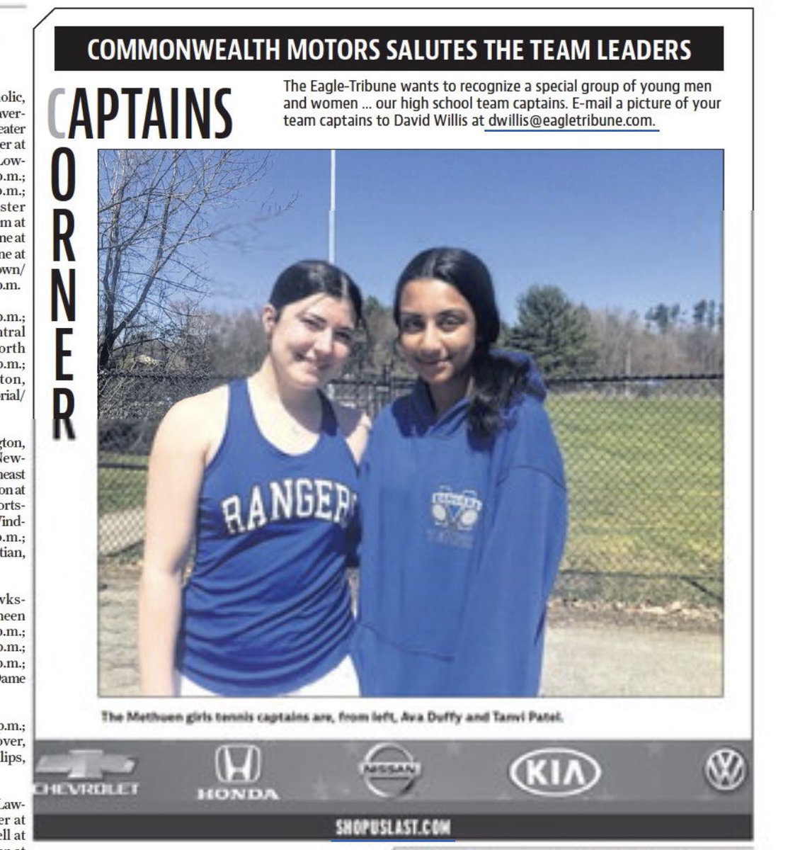 Methuen High School Athletics (@methuensports) on Twitter photo Shout out to our Girls Tennis Captains, Ava Duffy and Tanvi Patel who are featured in todays Captains Corner section of the Eagle Tribune. Way to go Ava and Tanvi! <a href="/DWillisET/">David Willis</a> <a href="/shopuslast/">Commonwealth Motors</a> <a href="/EagleTribSports/">EagleTrib Sports</a> Shout out to our Girls Tennis Captains, Ava Duffy and Tanvi Patel who are featured in todays Captains Corner section of the Eagle Tribune. Way to go Ava and Tanvi! <a href="/DWillisET/">David Willis</a> <a href="/shopuslast/">Commonwealth Motors</a> <a href="/EagleTribSports/">EagleTrib Sports</a>