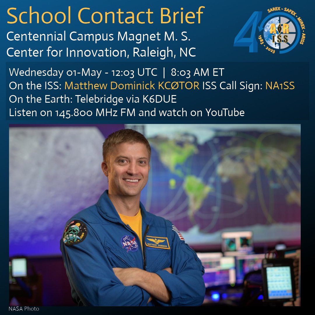 1 hour until contact! Centennial Campus Magnet M. S., Raleigh, NC students will talk via #HamRadio with @dominickmatthew on the ISS. Scheduled today at 12:03 UTC | 8:03 AM ET via K6DUE telebridge. Listen on 145.800 MHz or watch: youtube.com/live/4ZU7I208c…
