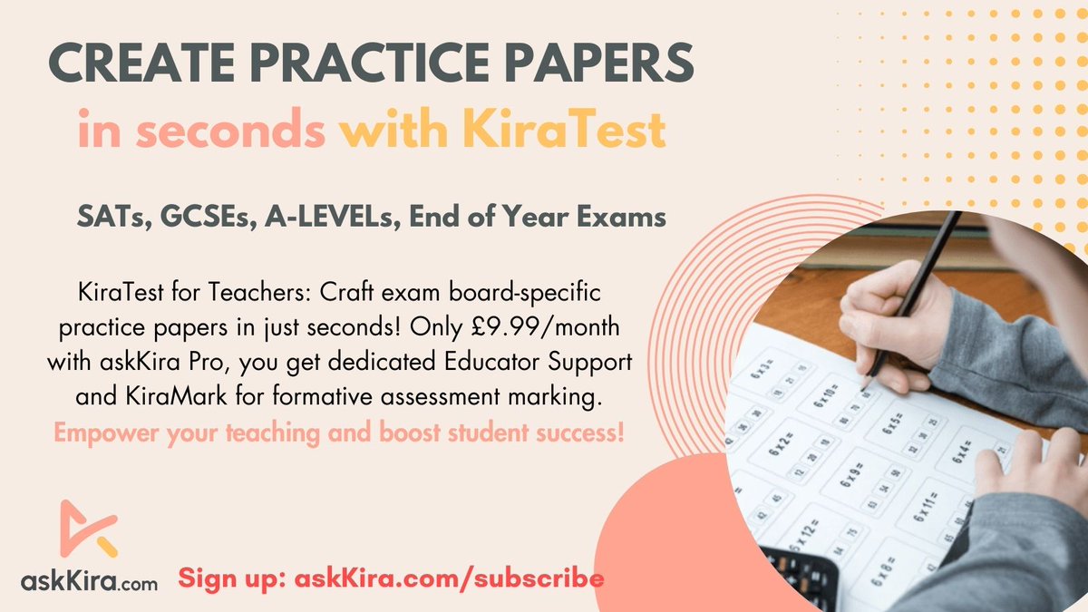 KiraTest, so good we've posted it twice!!🌟 KiraMark crafts tailored practice papers in seconds! SATs, GCSEs, A Levels, & end-of-year exams—all for just £9.99/month with askKira Pro. Make May easier and elevate your teaching and student success. Subscribe today:…