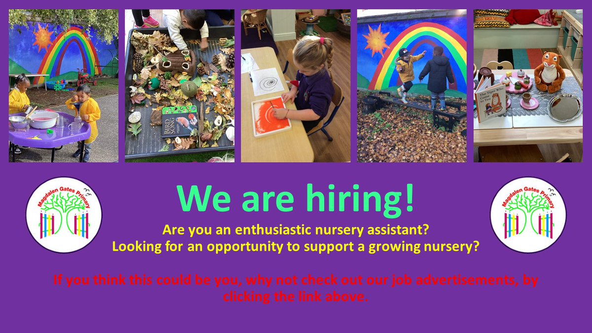 *We are Hiring* We are looking for some enthusiastic nursery assistants to support our growing nursery. Applications close: Tuesday 20th April 2024 at 12 noon. To Apply or for more information, please click the link: educationjobfinder.org.uk/job/1a67f30e-8…