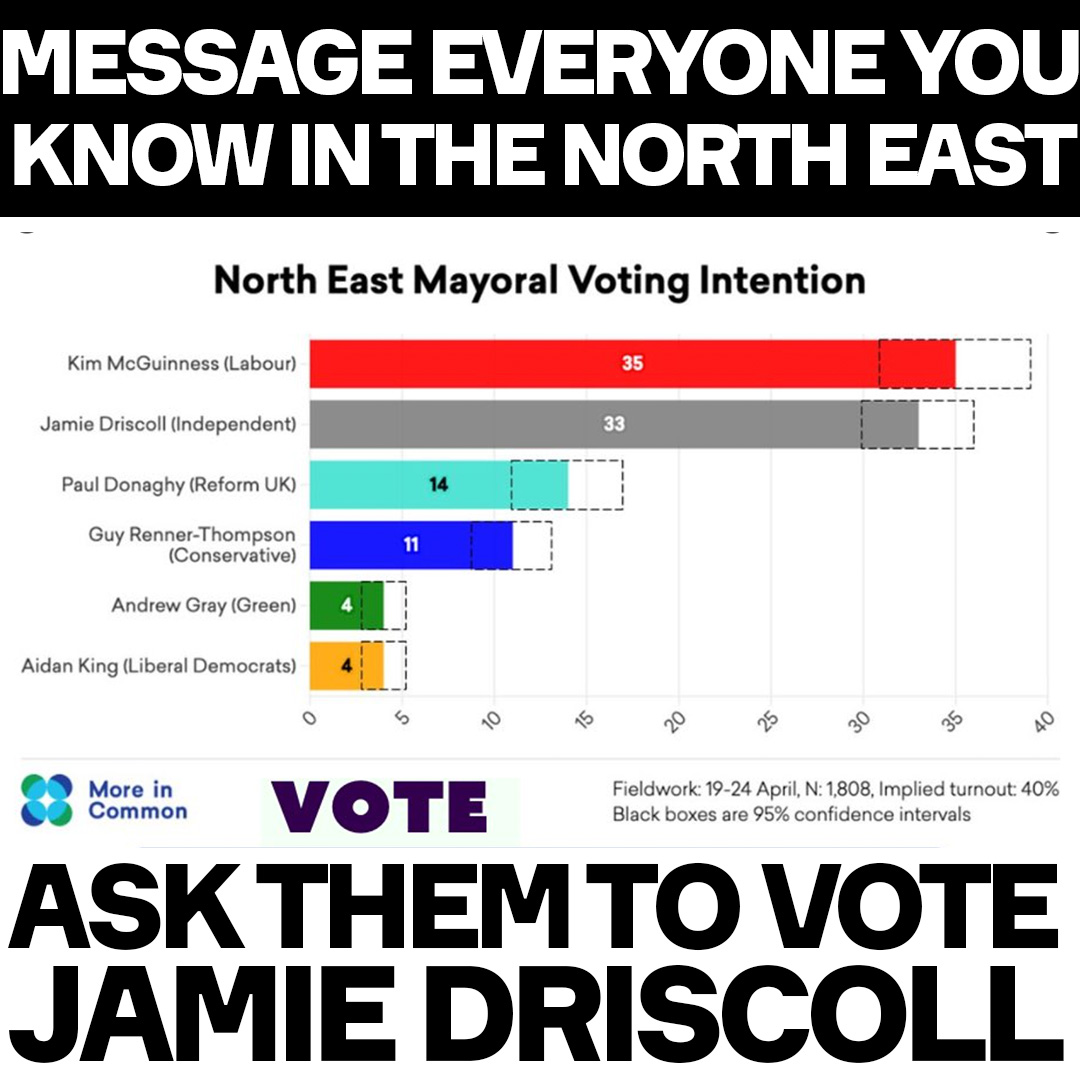 owenjonesjourno's tweet image. Drop everything you're doing and do this one thing.

Message everyone you know in the North East.

Relatives, friends, colleagues, exes. Whoever!

Ask them to vote @MayorJD.

The polling shows he can do it. The Tories have no chance. Vote with your conscience!