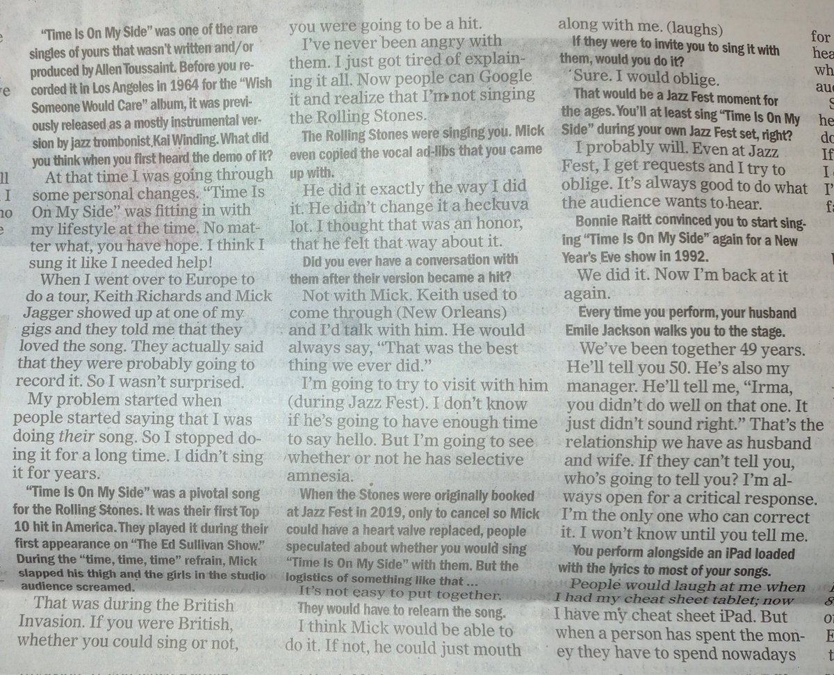 In today's Times-Picayune, @KeithSpera interview with Irma Thomas on her song, 'Time Is On My Side:'