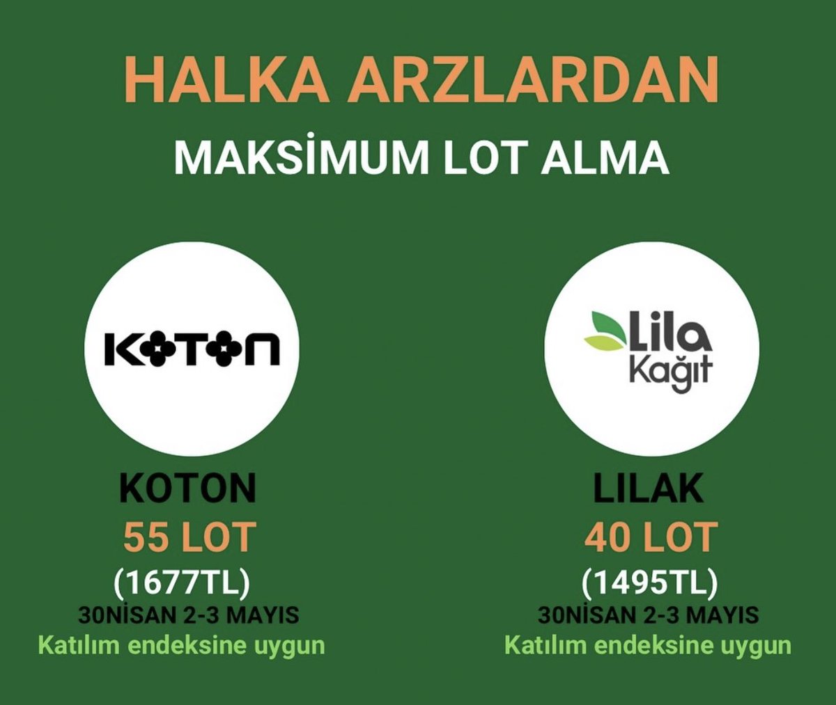 👔Koton Mağazacılık #KOTON •385.000.000 Lot •Sabit Fiyat •Bireysele EŞİT Dağıtım •Halka Açıklık %45 Olacak 🧻Lila Kağıt Sanayi #LILAK •120.000.000 Lot •Sabit Fiyat •Bireysele EŞİT Dağıtım •Halka Açıklık %20.33 Olacak •T+1 - T+2 Bakiye Kullanılamaz #halkaarz #arz