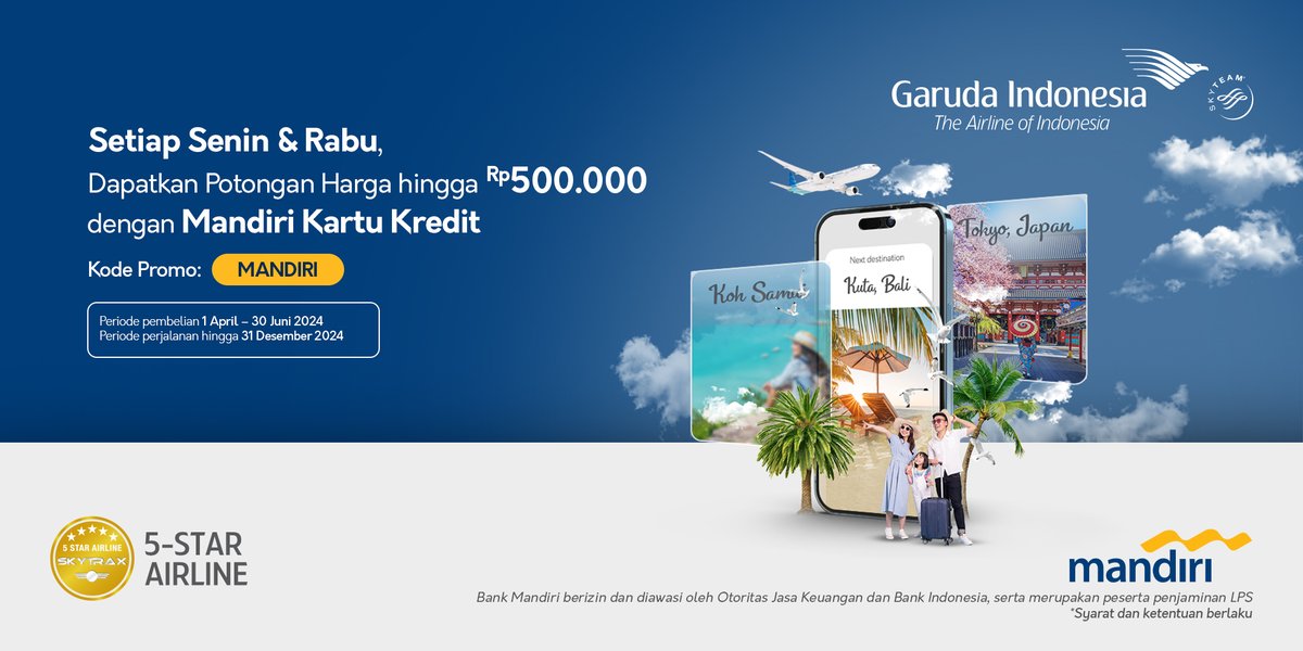 Nikmati penerbangan lebih nyaman bersama Garuda Indonesia dengan potongan tambahan hingga Rp500.000 dari Bank Mandiri! Gunakan kode promo MANDIRI pada saat melakukan pembelian tiket melalui Website Garuda Indonesia dan Aplikasi FlyGaruda Info lengkap : garuda-indonesia.com/id/id/special-…