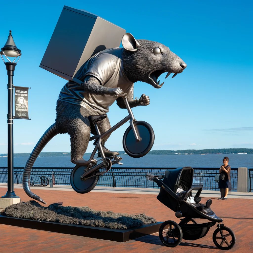 I designed some metal sculpture art for the #hoboken waterfront.

The piece is called Hoboken Sidewalk as it reflects the rodent problem and the delivery biker on sidewalk problem.