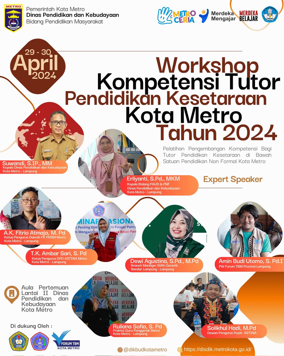 WORKSHOP KOMPETENSI 
TUTOR PENDIDIKAN KESETARAAN 
KOTA METRO TAHUN 2024

Dinas Pendidikan dan Kebudayaan Kota Metro Melalui Bidang Pendidikan Masyarakat Melaksanakan Workshop Kompetensi Pendidikan Kesetaraan Kota Metro Tahun 2024