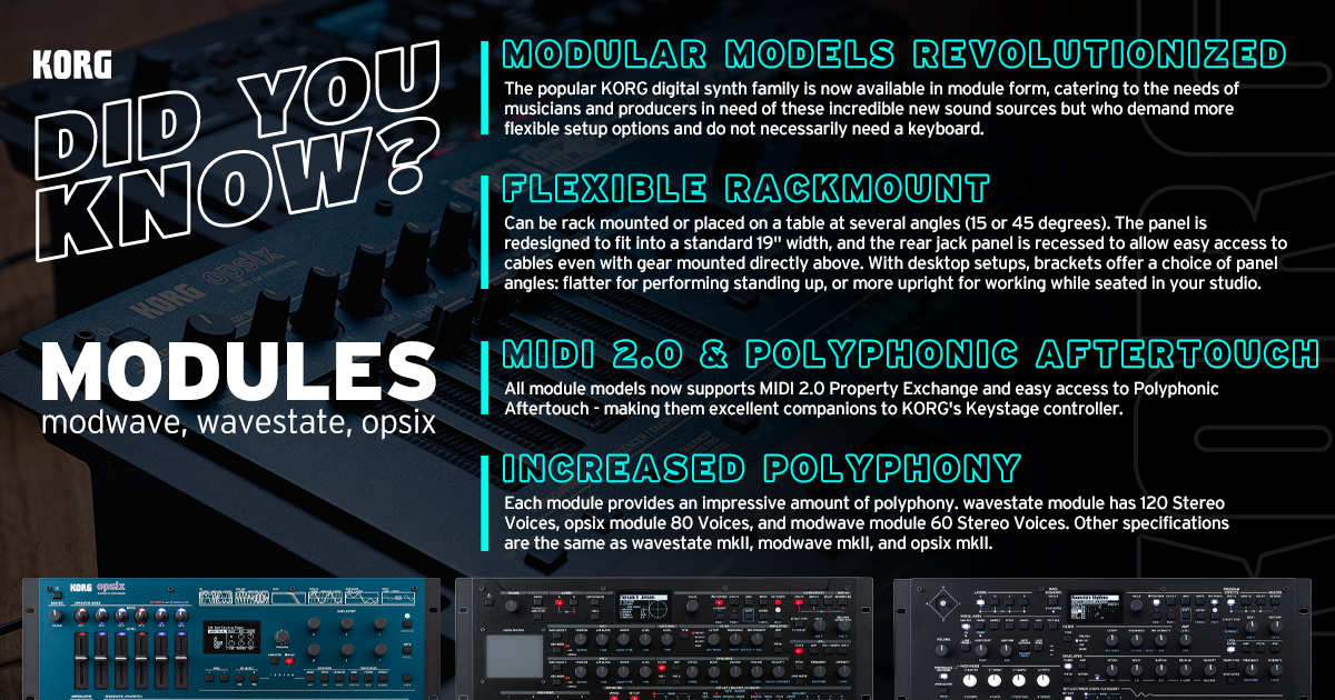 wavestate module, opsix module, & modwave module are rack-mountable & redesigned to fit into a standard 19' width, with a recessed rear jack panel to allow easy access to cables even with gear mounted directly above! Visit l8r.it/X4gH for more info!