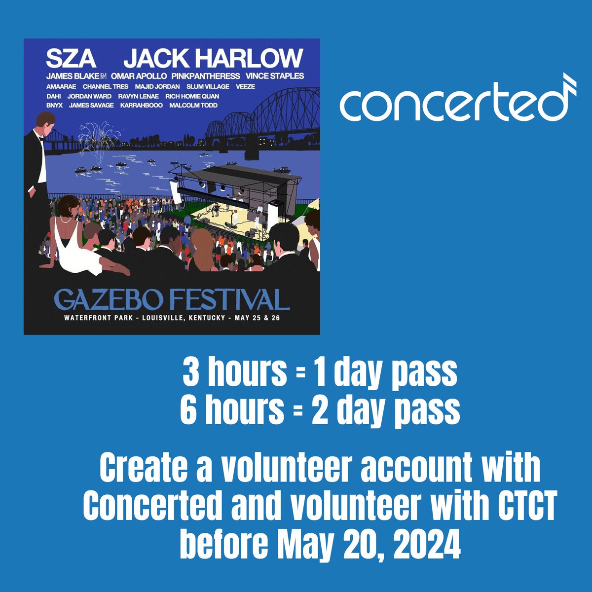 Don't forget! Sign up to volunteer with CTCT at concertedusa.org and earn concert tickets while making a difference! 🎵 You can even get tickets to Gazebo Festival!