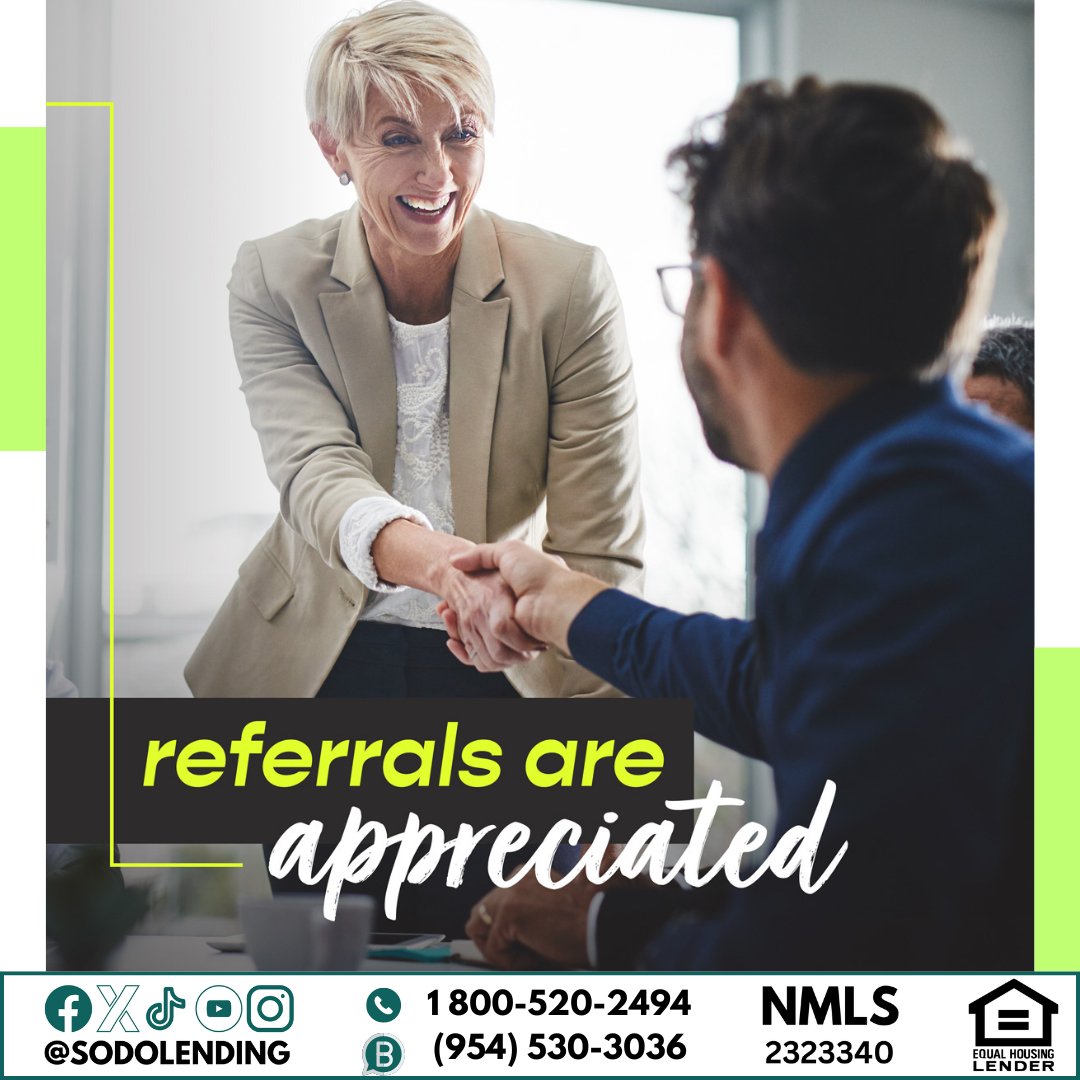 If you have any family or friends looking for a home, I'd appreciate the referral!
Sodo Lending is your mortgage lender in Pompano Beach FL 

 👉 sodolending.com 

 #floridaloans #floridamortgage #firsttimehomebuyer #realtorlife  #newhome #pompanobeach #mortgagelender