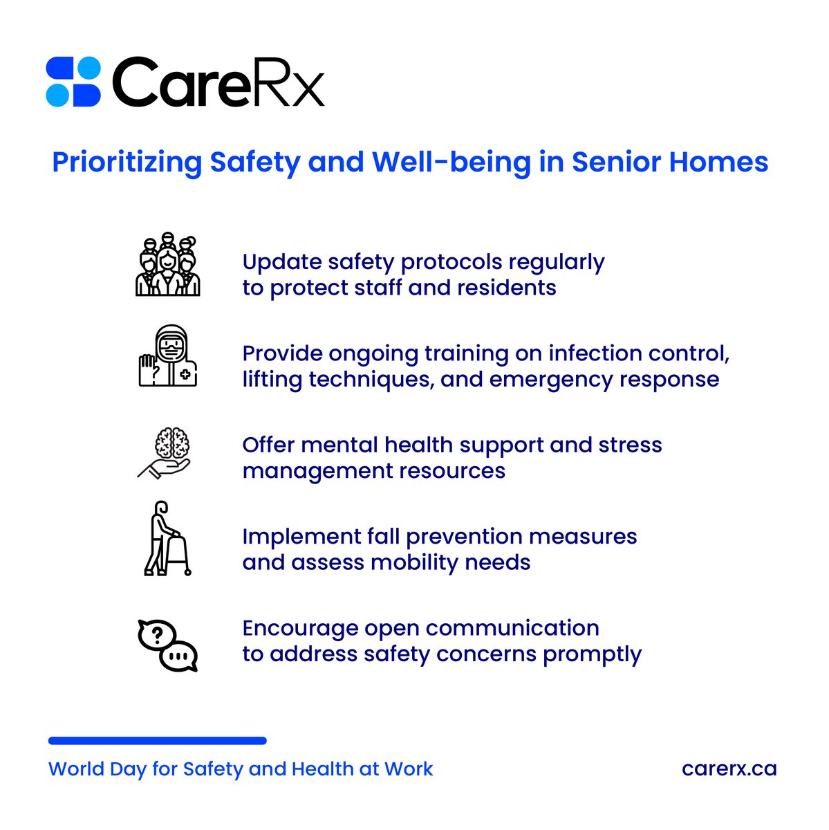 By prioritizing safety measures and promoting staff well-being, we create a conducive atmosphere for delivering compassionate care and enhancing the overall quality of life for seniors. #CareRx #WorldDayforSafetyandHealthatWork