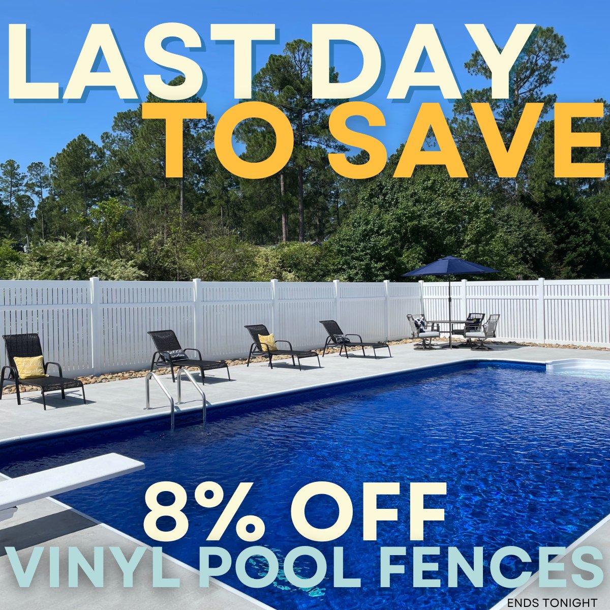 Today is your final chance to snag 8% off on all vinyl pool fencing! ☀️

Don't let this opportunity slip away - our sale ends tonight at 11:59 pm! 
Upgrade your pool deck now and get ready to dive into summer with style and safety.
ow.ly/tR2a50Rnjh4

#NationalPoolOpeningDay