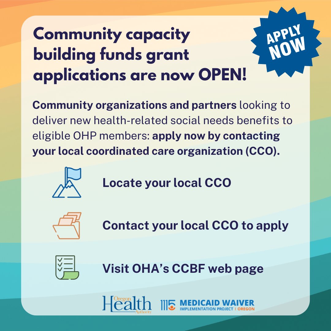 Community capacity building funds grants are available from coordinated care organizations for community partners looking to deliver new benefits to Oregon Health Plan members. To learn more, visit: ow.ly/Lvq350RovwZ