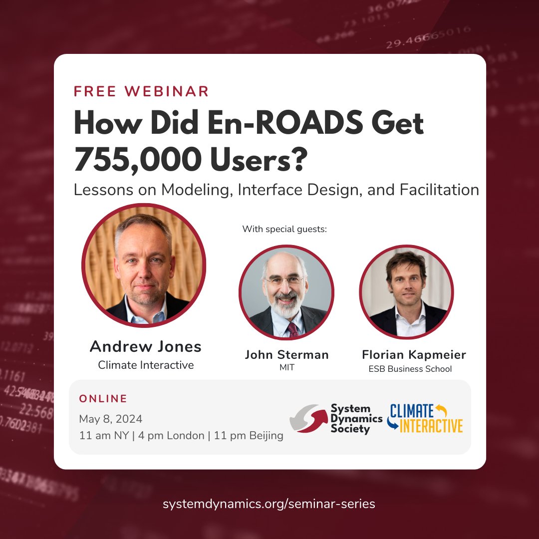 📣 FREE EVENT ▶️ How Did En-ROADS Get 755,000 Users? Lessons on Modeling, Interface Design, and Facilitation 📅 May 8 @ 11:00 AM - 12:30 PM NY Time 🔗 RSVP: ow.ly/YHMU50Rkx95 🔄 Explore En-ROADS: ow.ly/lIOJ50Rkxap #SystemDynamics #SeminarSeries @climateinteract