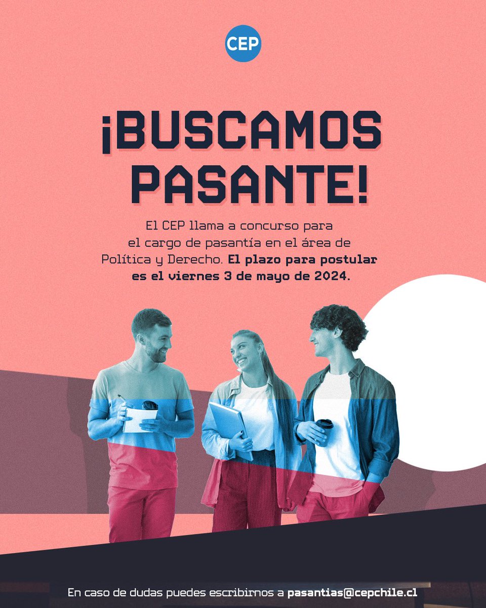 #OportunidadesCEP | ¡Buscamos pasante para el área de Política y Derecho! En caso de cualquier duda, puedes escribirnos a pasantias@cepchile.cl → Más información y postulación aquí: bit.ly/49JUubB