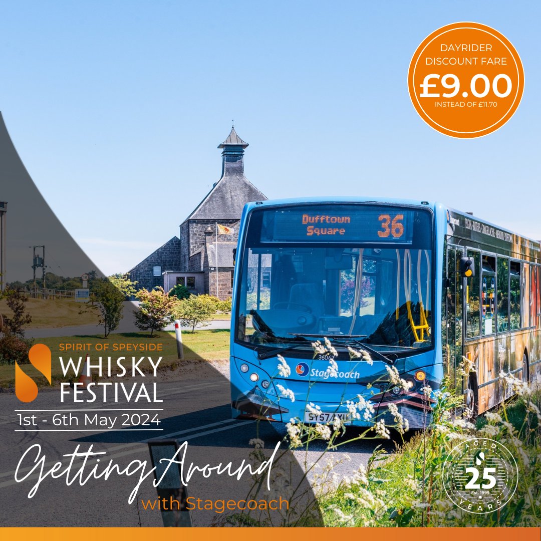 For #Dram24, between 1st and 6th May, an adult Moray DayRider on Stagecoach buses will cost just £9 with the discount code: WHISKYBYBUS24BB. The ticket will connect from Dufftown to Elgin as far as Forres and Keith. For more info visit: ow.ly/q8uL50RpUC5