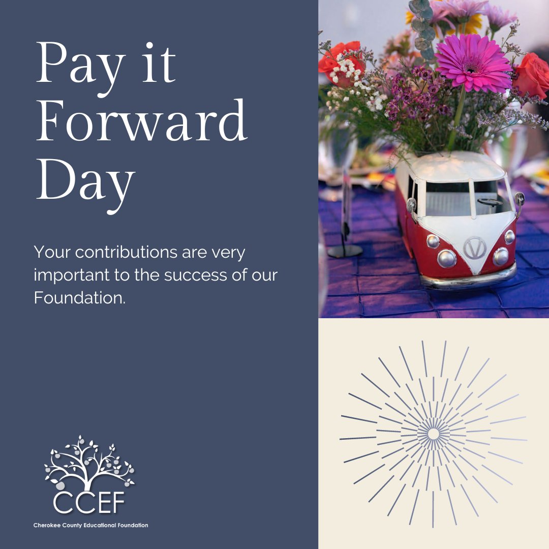 🤝💙 This Pay It Forward Day, consider making a difference in the lives of Cherokee County's students and educators by contributing to CCEF.

…erokeecountyeducationalfoundation.org/contribute

#PayItForwardDay #SupportCCEF #Cherokeecountyeducationalfoundation #CCEF #CCSDFam #CCSD #WoodstockGa #CantonGa