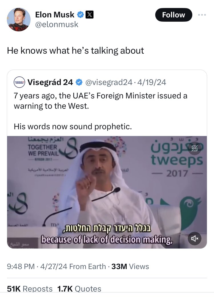 This is what a foreign influence operation looks like. Elon boosts Visegrad24, created & formerly funded by Poland’s identitarian PiS party specifically for the purpose of spreading social discord & now apparently funded by Israel. Visegrad24 boosts UAE’s anti-Muslim messaging.