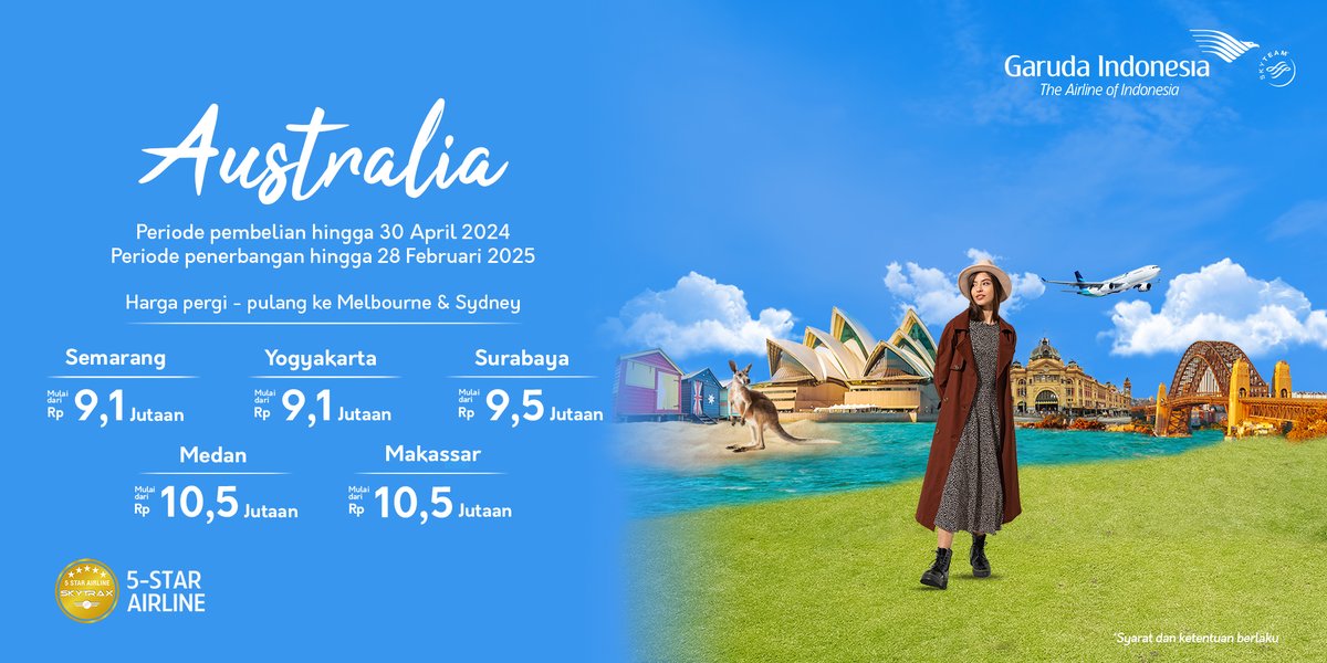 Jelajahi keindahan Australia dengan lebih hemat! Kunjungi pesona kota dari Sydney hingga Melbourne dan destinasi menakjubkan lainnya yang bisa kamu kunjungi dengan Garuda Indonesia. Info lengkap: garuda-indonesia.com/id/id/special-… #GarudaIndonesia #BecauseYouMatter